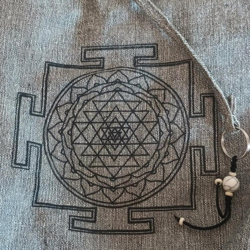 Gray Sri Yantra Hobo Bag Boho Crossbody with Striped Lining and Bead Keychain